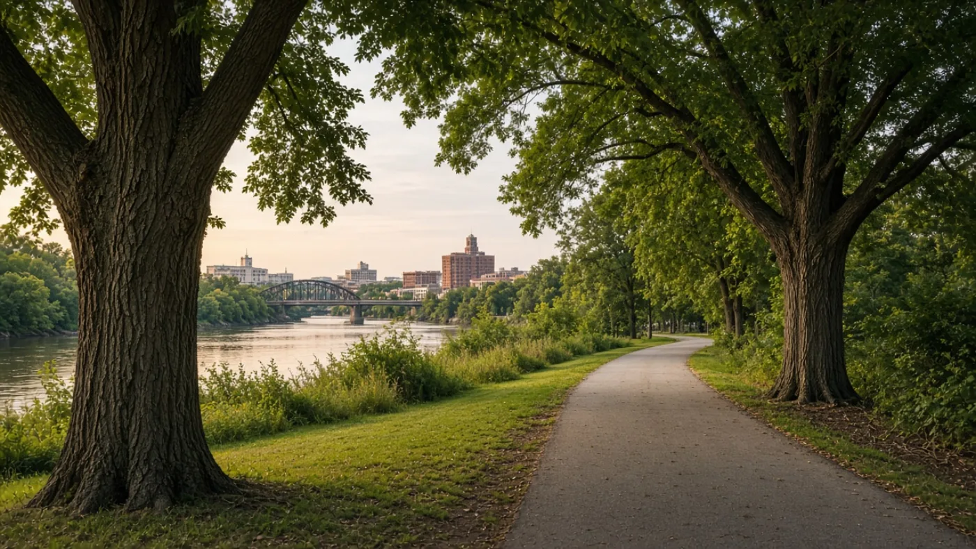 Cedar Rapids riverside park with mature trees