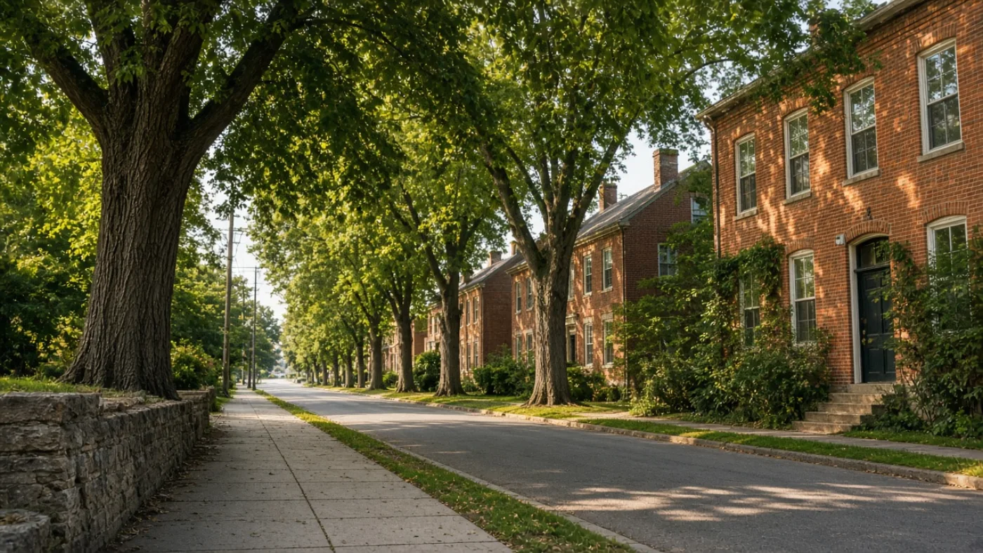 Iowa City brick street under a tree canopy
